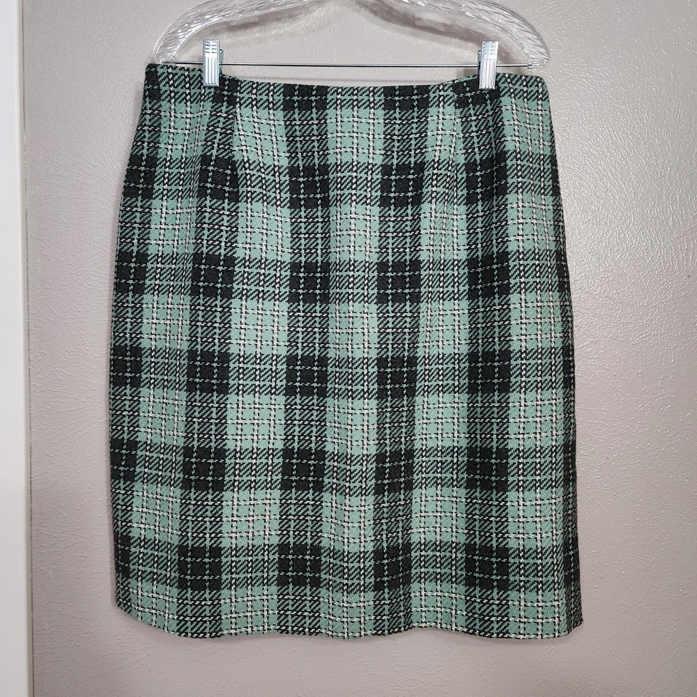 Jessica Scott Vintage Green Gray Plaid‎ Light Tweed Pencil Skirt Size 12
